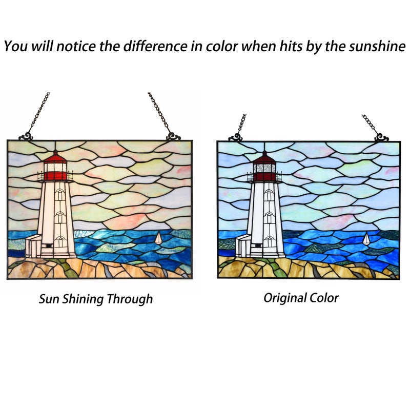 Bieye W10066 Peggy's Point Lighthouse Tiffany Style Stained Glass Window Hangings Panel, 19" W x 14.4" H - Image 2